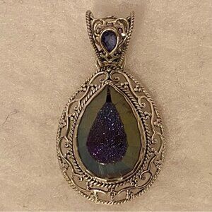 SAJEN PENDANT STERLING SILVER 925 DRUZY QUARTZ BLUE TEAR DROP FILIGREE